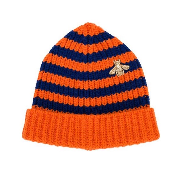 Gucci Accessories - SALE 🌟 GUCCI Orange and Blue Striped Knit Hat with Embroidered Bee Detail NWT